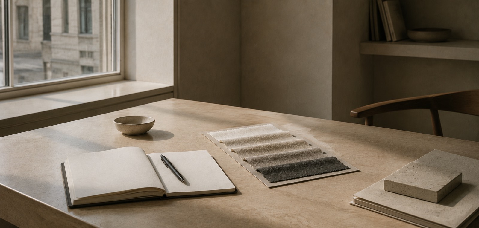 A quiet office desk with a fabric swatch card
