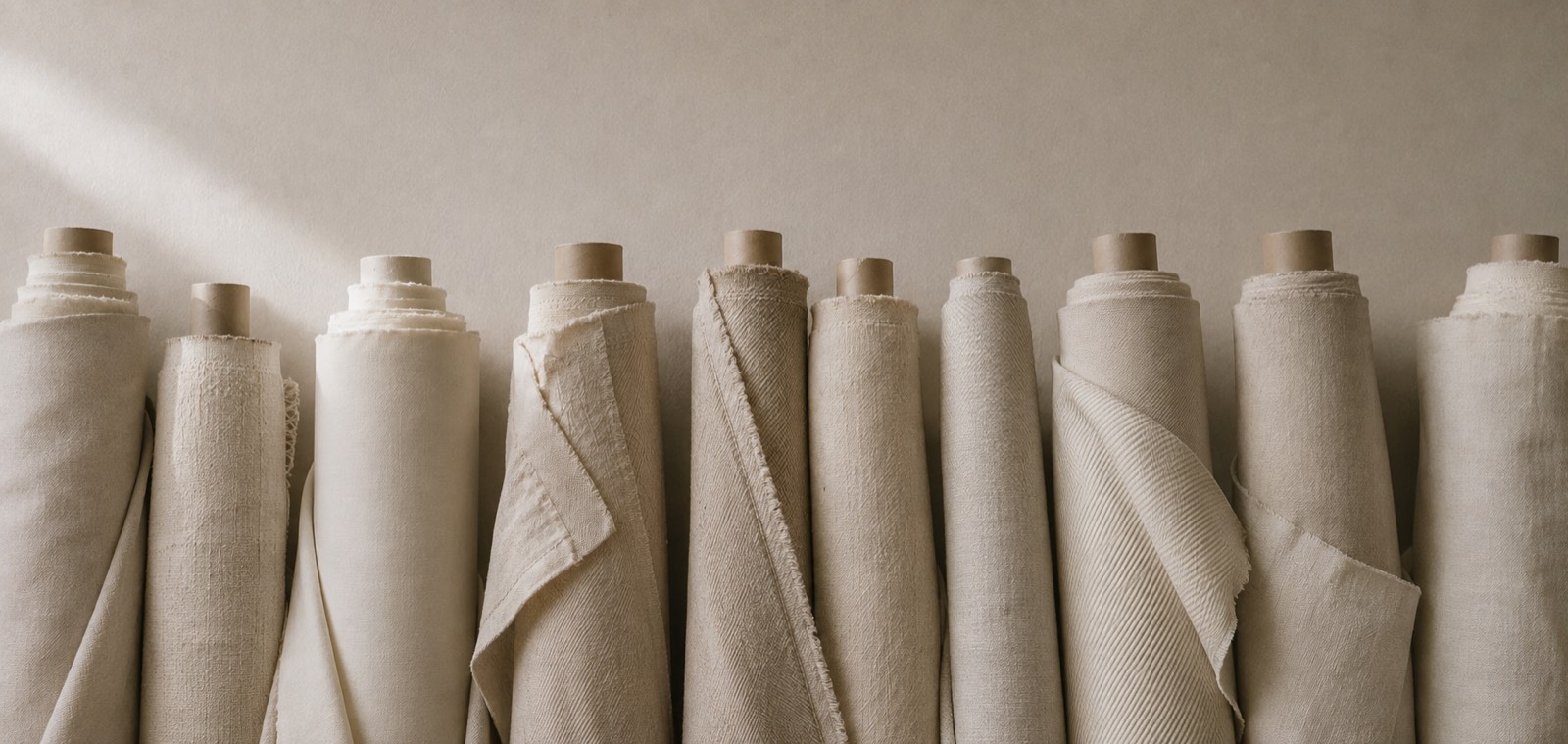 Rolled bolts of undyed cotton, linen and twill