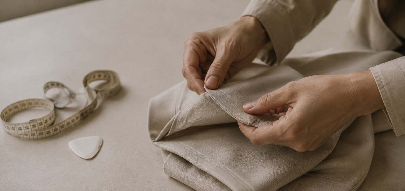 Hands checking a garment seam in the workroom